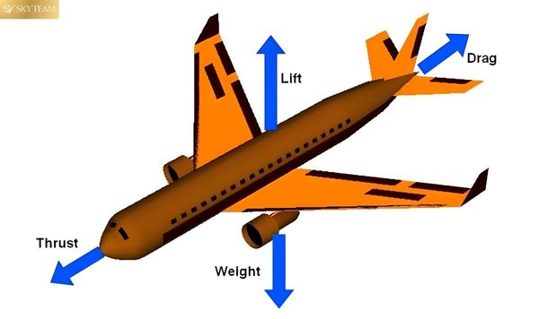 Image of an airplane with labels-thrust-and-drag-lift-weight