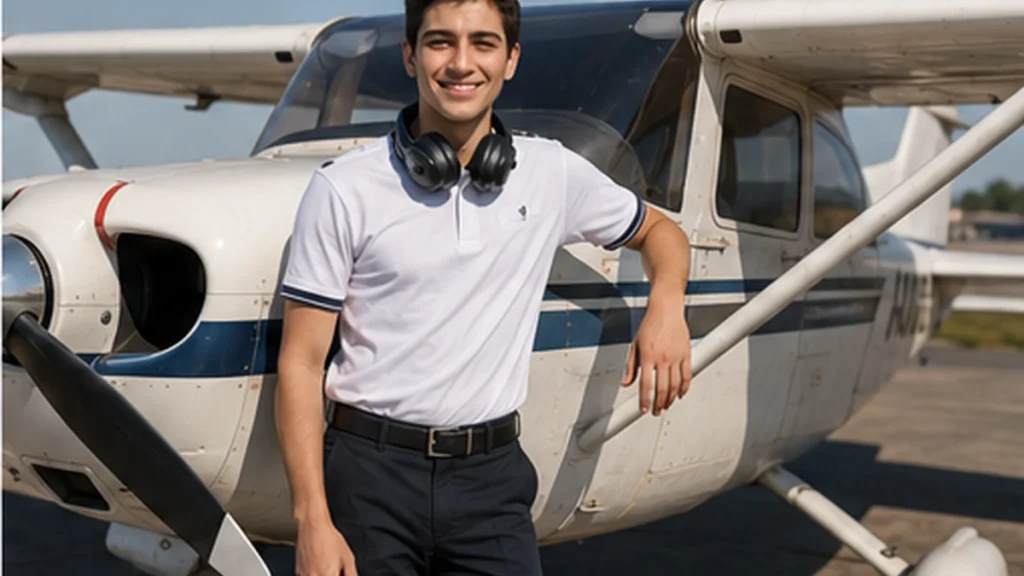 A confident cadet in front of a training aircraft
