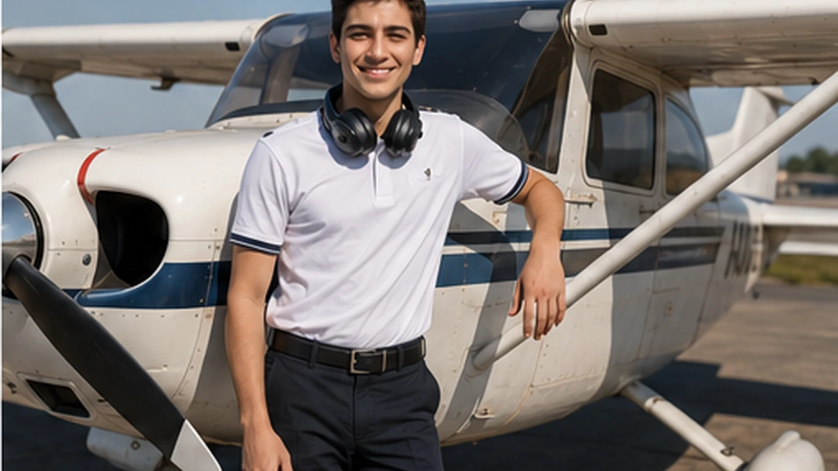 A confident cadet in front of a training aircraft